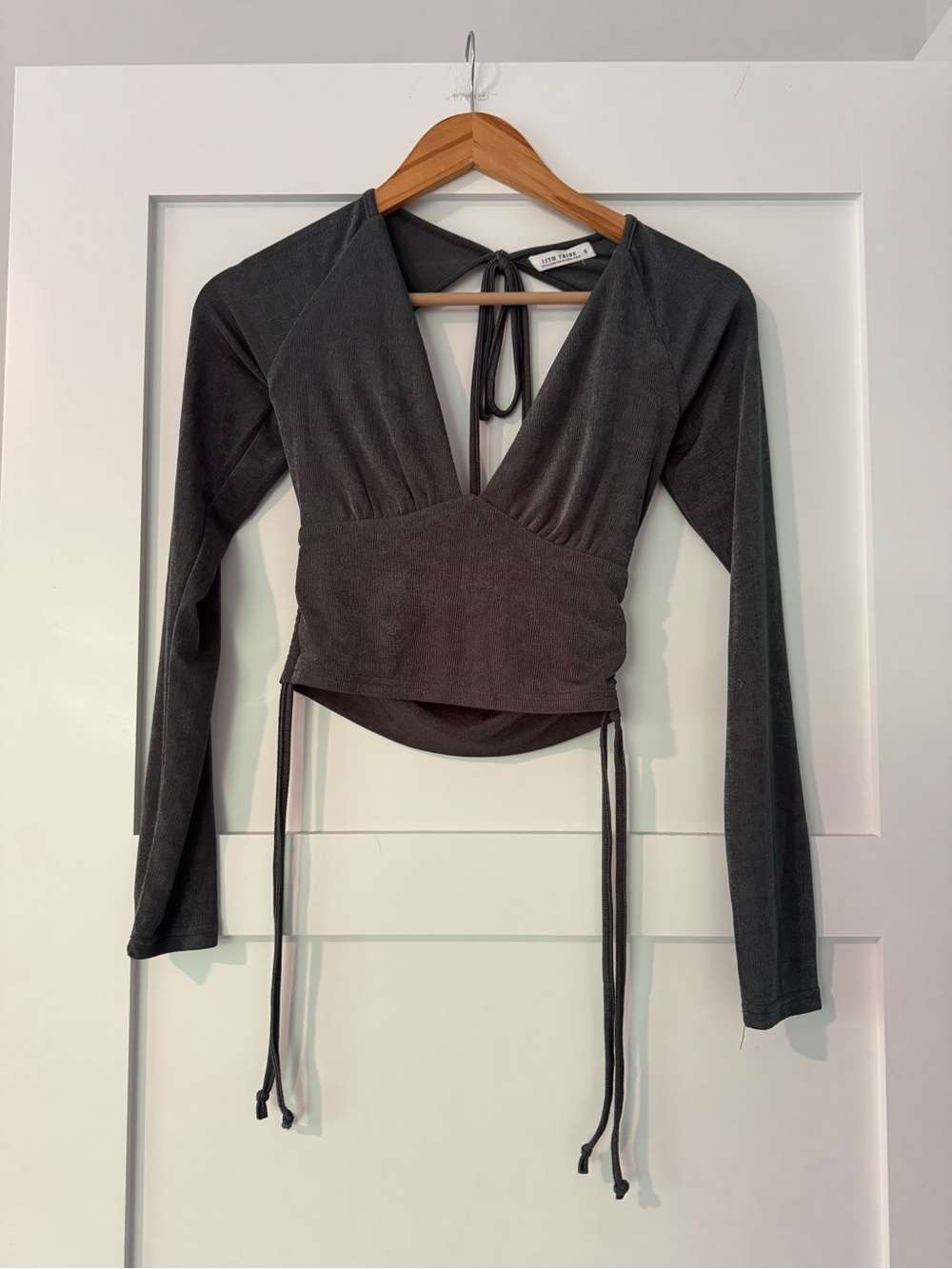 12th Tribe Charcoal Teal Wrap-Front Long Sleeve Crop Top